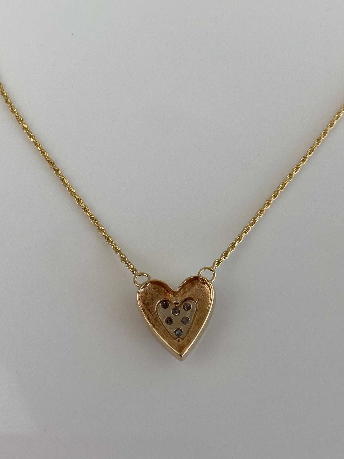 Vintage Solid 14k White & Yellow Gold Adjustable Diamond Heart Charm Dainty Rope Chain Necklace - 22.5 inches