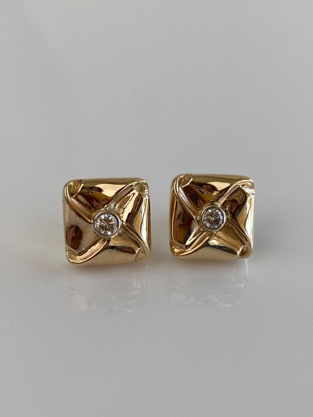Vintage Solid 14k Yellow Gold Diamond Folded Box Stud Earrings