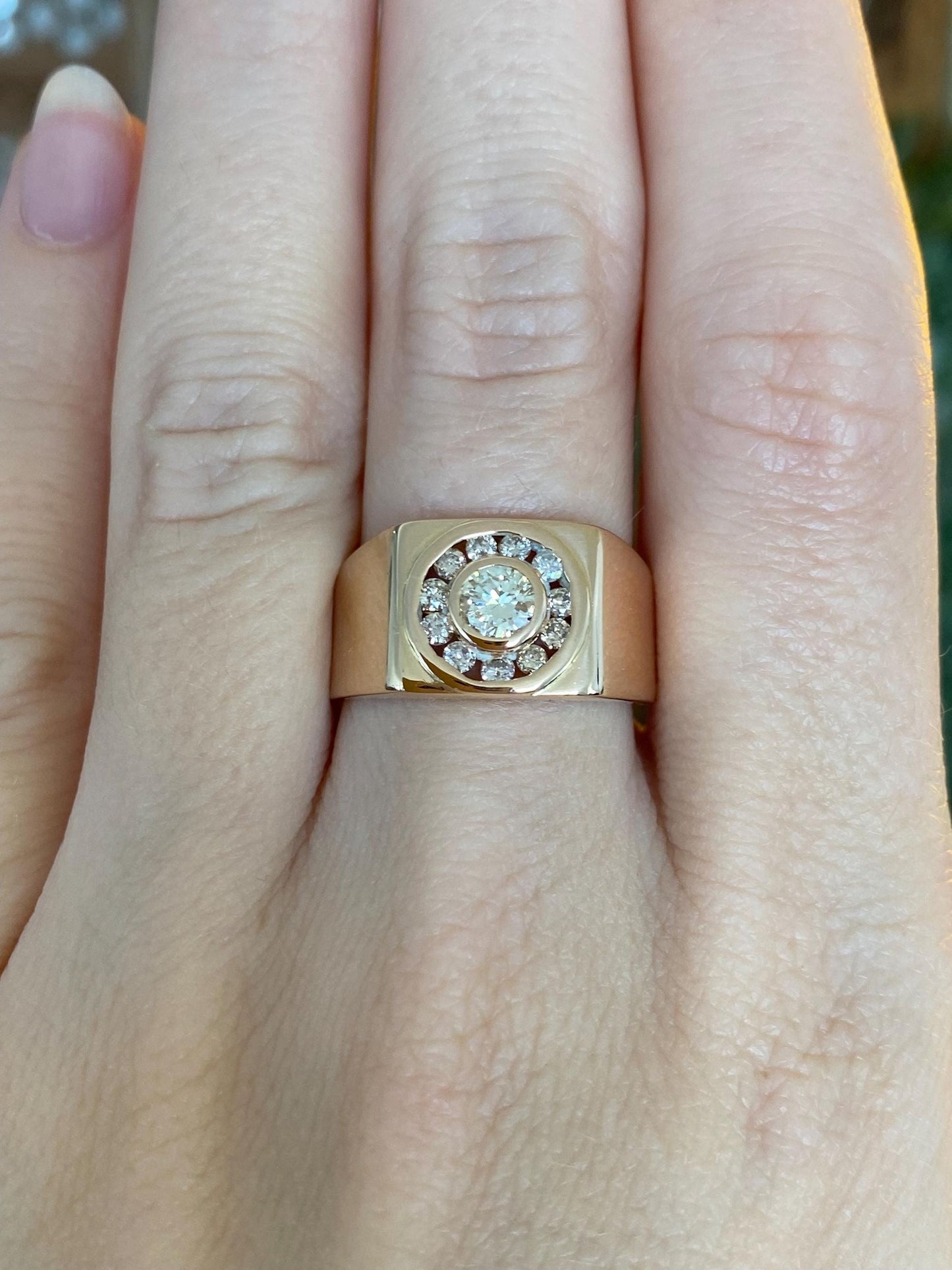 Vintage Solid 14k Rosey Gold Diamond Halo Signet Ring - Size 7.75