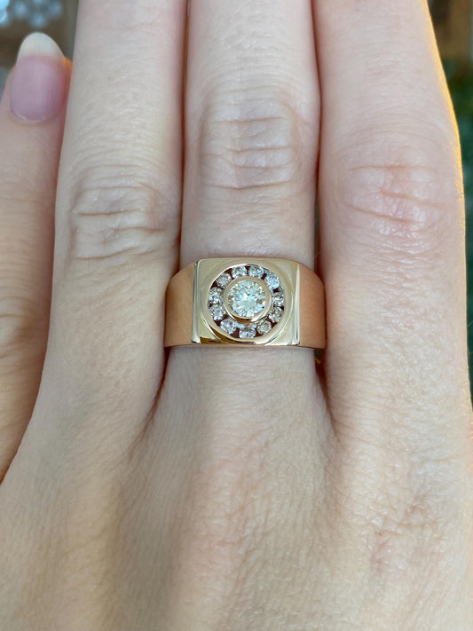 Vintage Solid 14k Rosey Gold Diamond Halo Signet Ring - Size 7.75