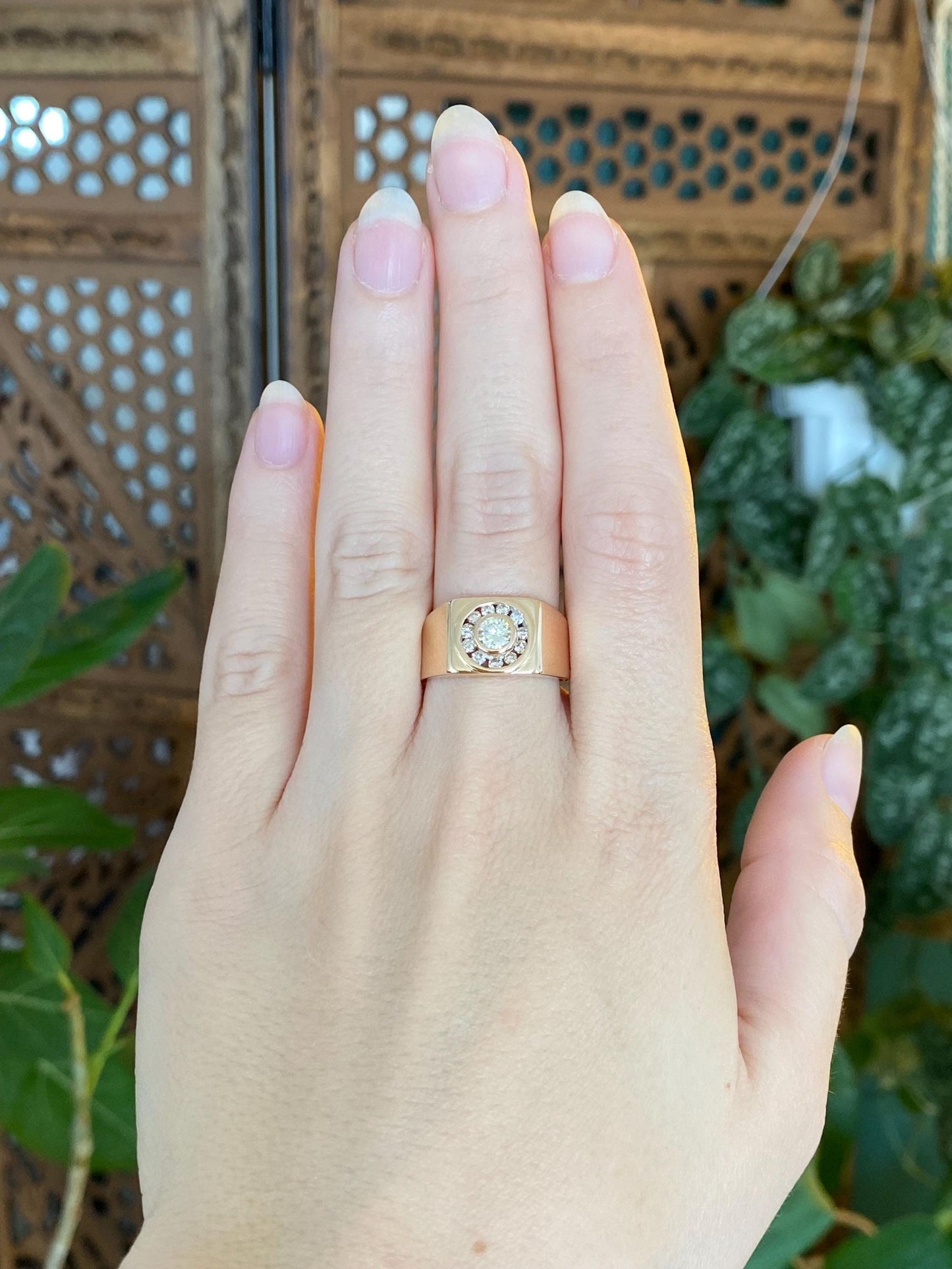 Vintage Solid 14k Rosey Gold Diamond Halo Signet Ring - Size 7.75