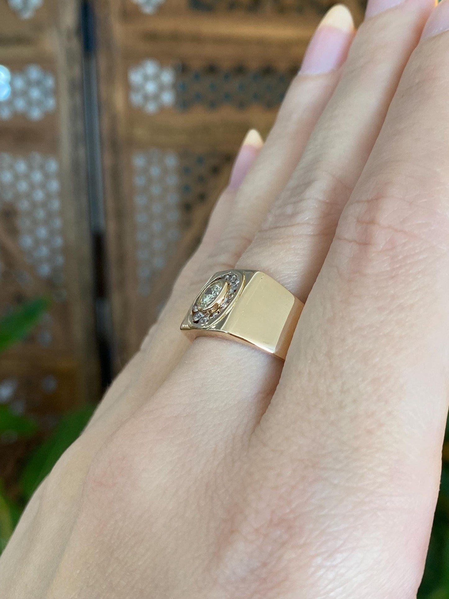Vintage Solid 14k Rosey Gold Diamond Halo Signet Ring - Size 7.75