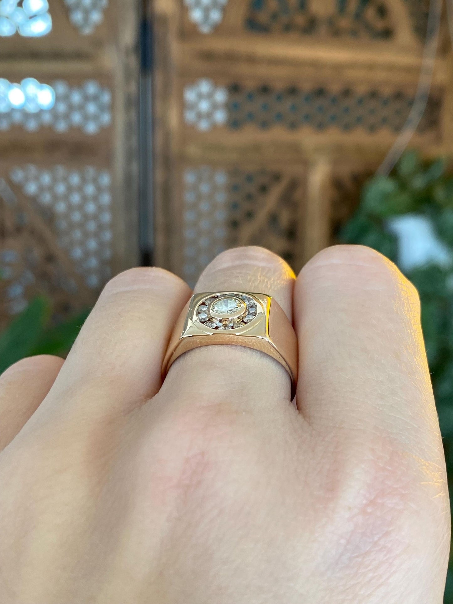 Vintage Solid 14k Rosey Gold Diamond Halo Signet Ring - Size 7.75