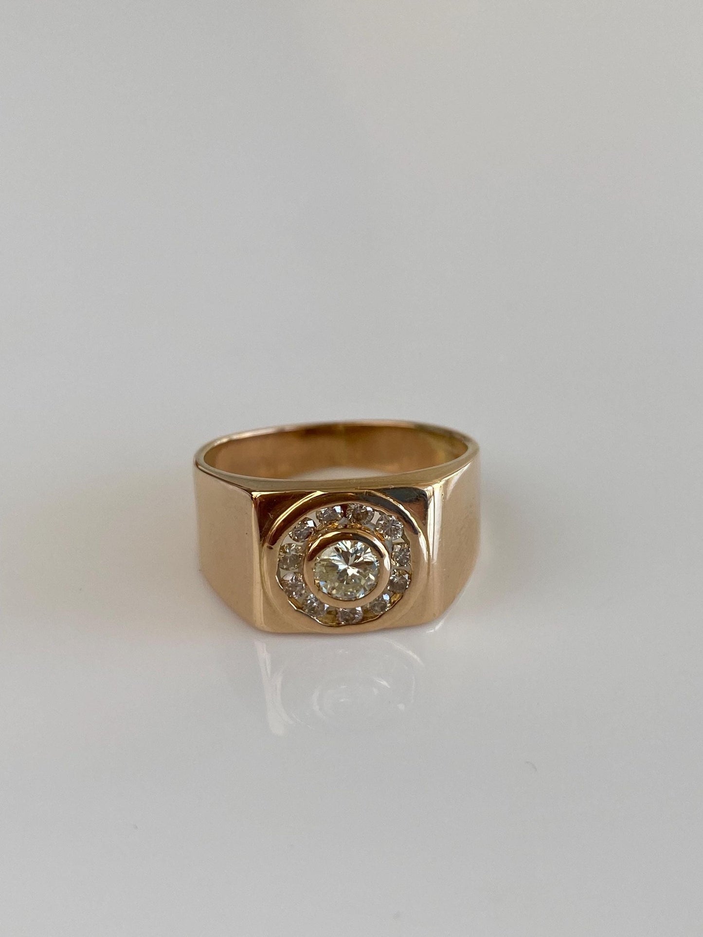 Vintage Solid 14k Rosey Gold Diamond Halo Signet Ring - Size 7.75