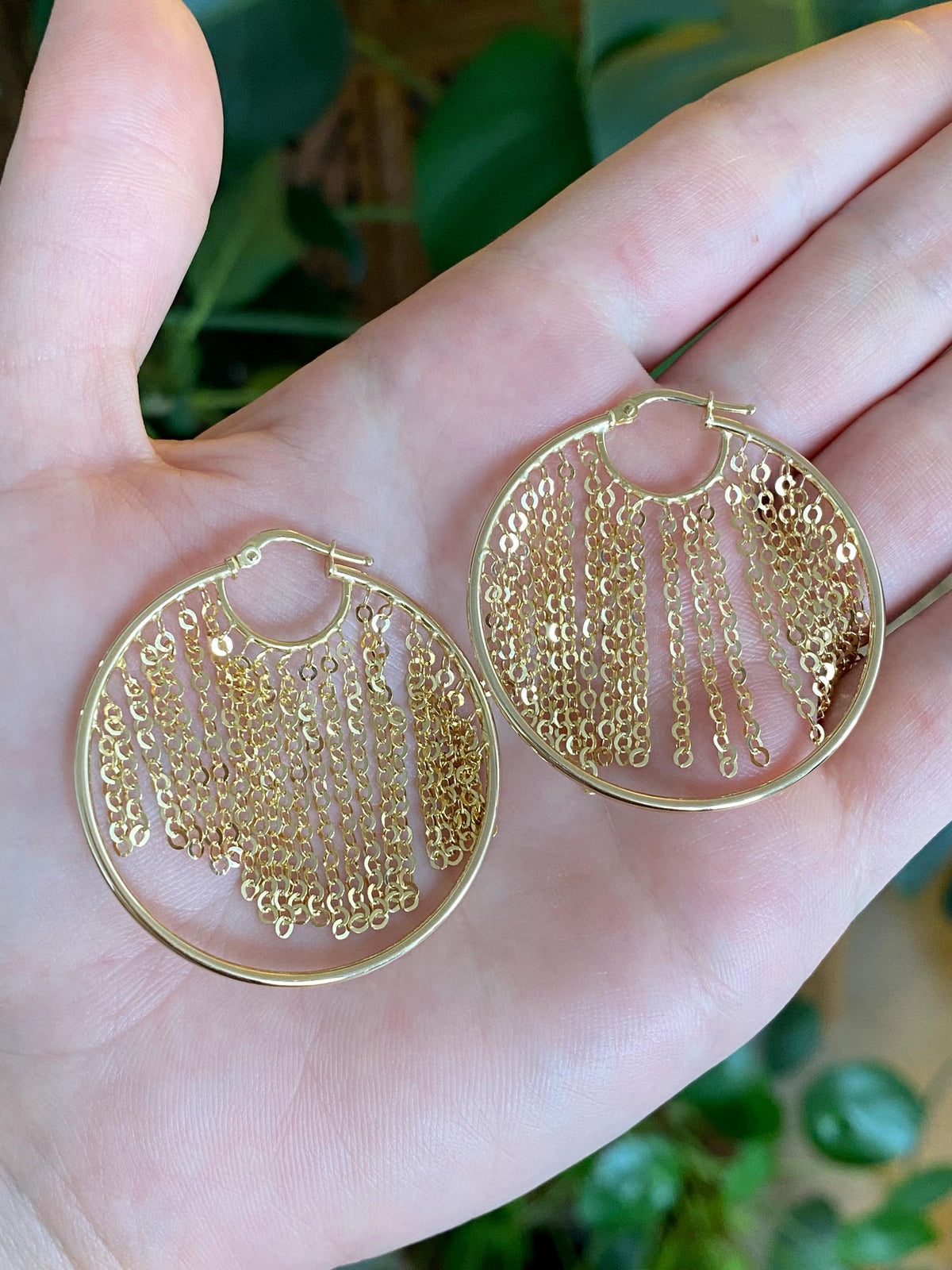 Vintage Solid 14k Yellow Gold Cable Chain Fringe Hoop Earrings