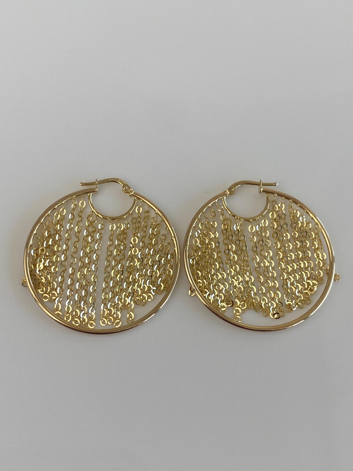 Vintage Solid 14k Yellow Gold Cable Chain Fringe Hoop Earrings