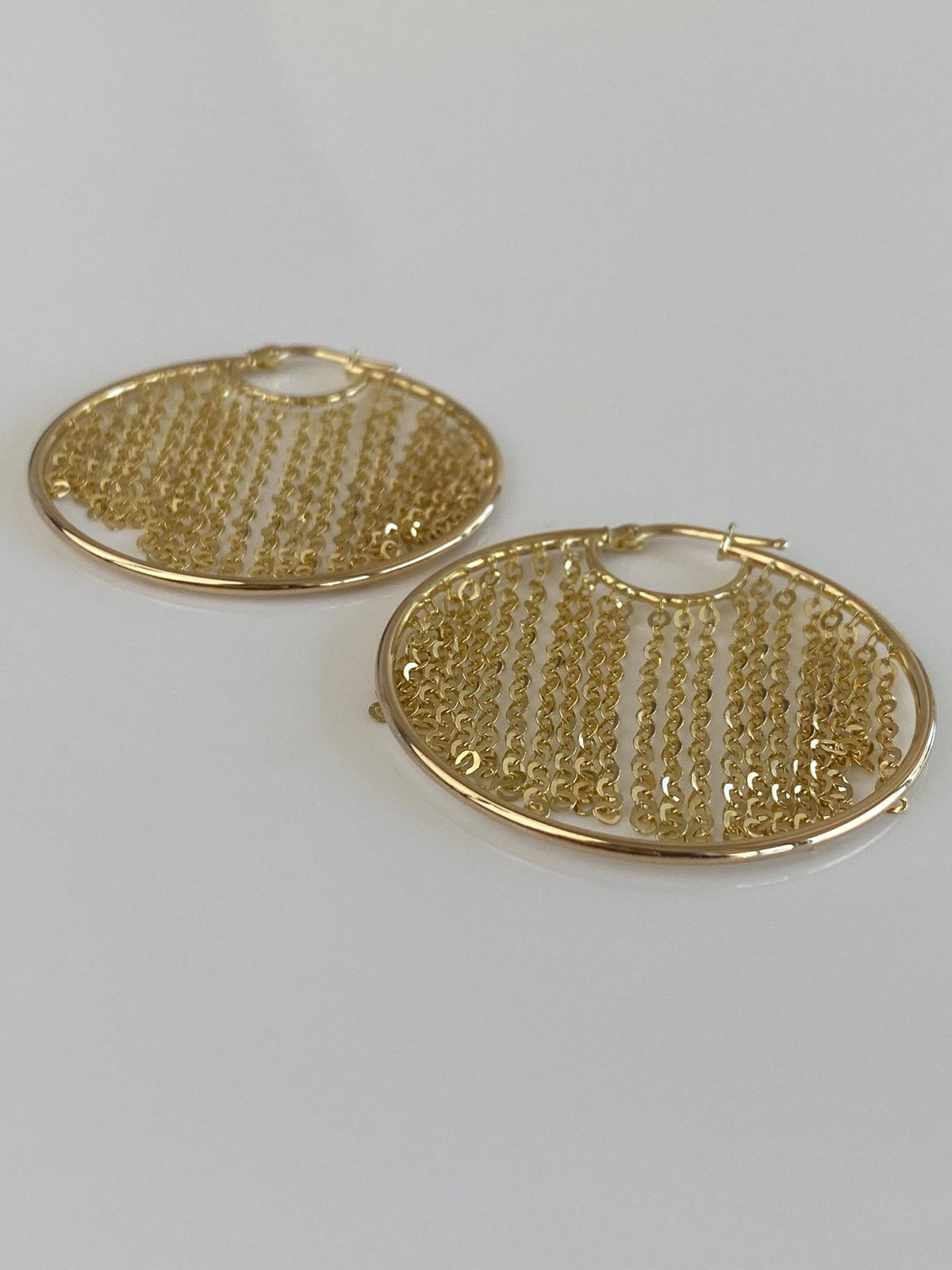 Vintage Solid 14k Yellow Gold Cable Chain Fringe Hoop Earrings