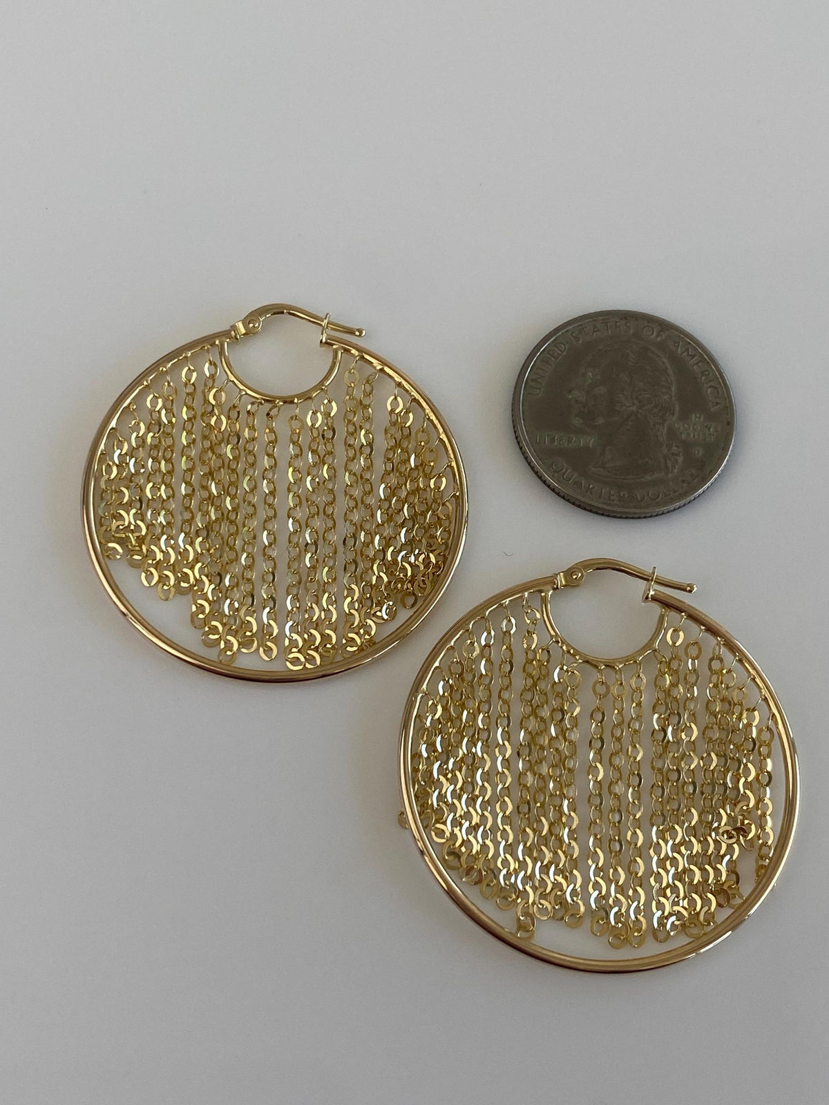 Vintage Solid 14k Yellow Gold Cable Chain Fringe Hoop Earrings