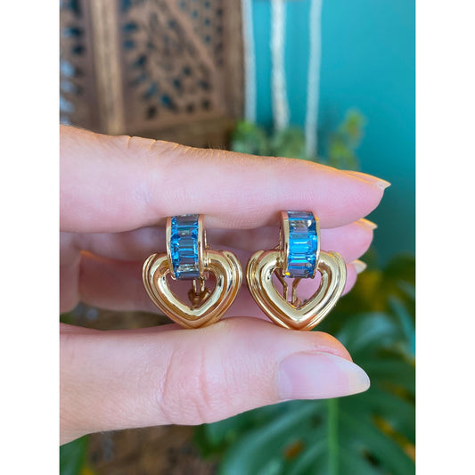 Vintage Solid 14k Yellow Gold Topaz Heart Drop Earrings