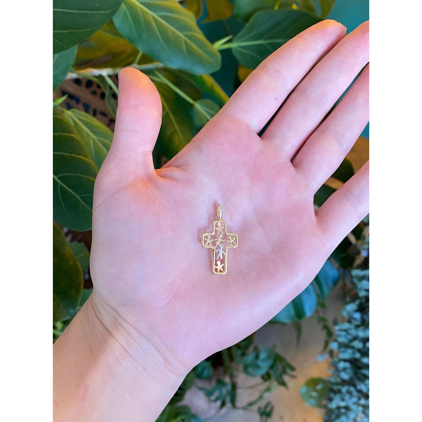 Vintage Solid 14k Tri Tone Gold Cross Child Charm