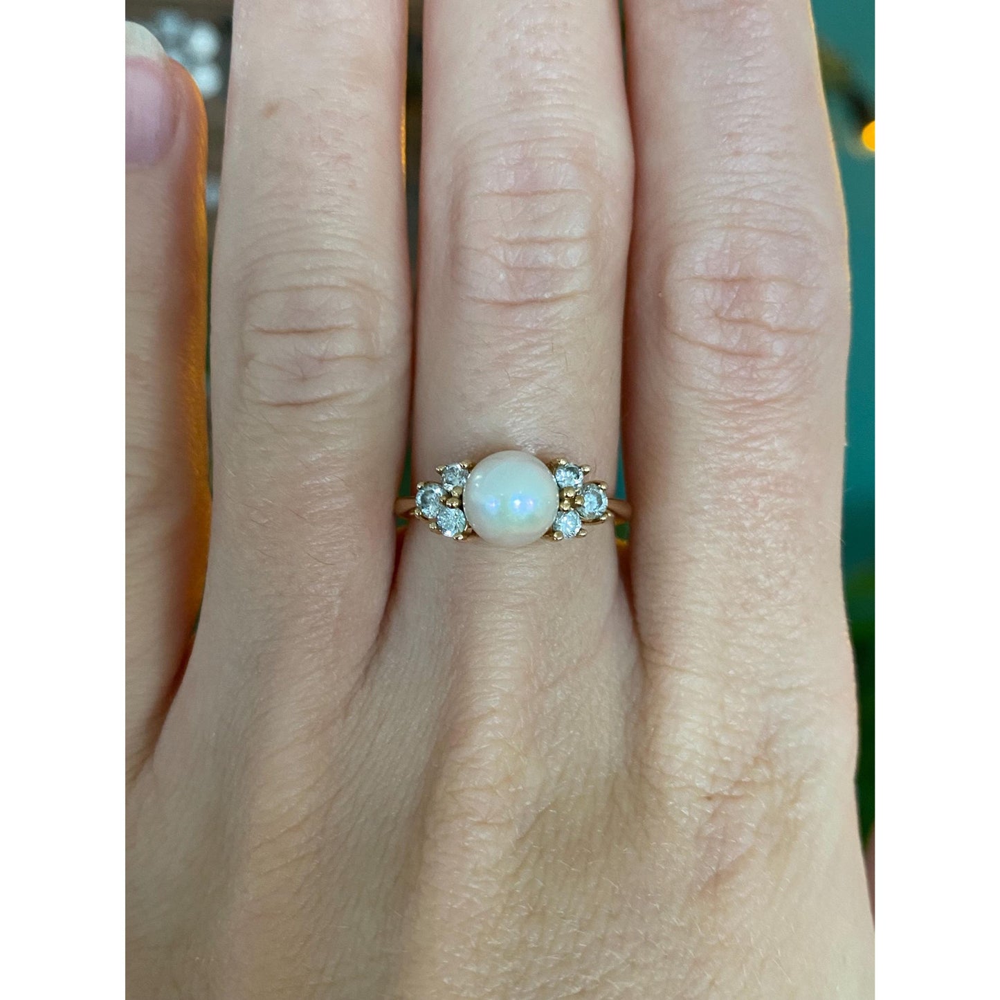 Vintage Solid 14k Yellow Gold Pearl Clear Cubic Zirconia Ring - Size 6.75