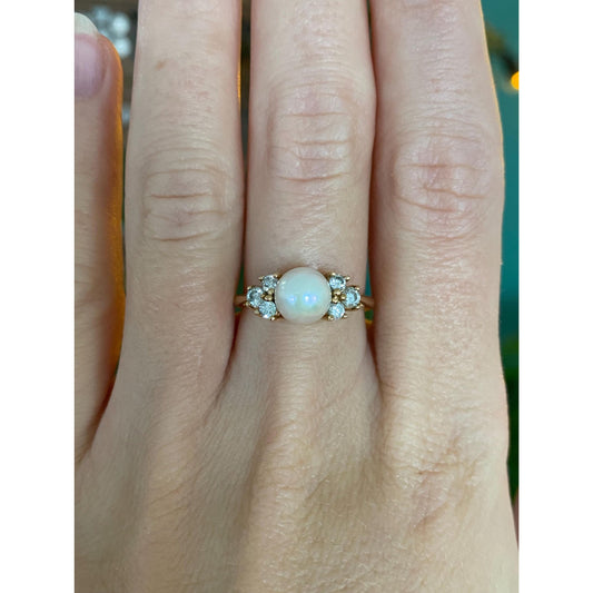 Vintage Solid 14k Yellow Gold Pearl Clear Cubic Zirconia Ring - Size 6.75