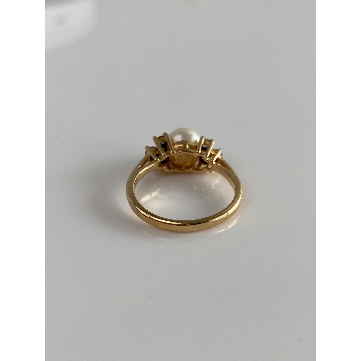 Vintage Solid 14k Yellow Gold Pearl Clear Cubic Zirconia Ring - Size 6.75