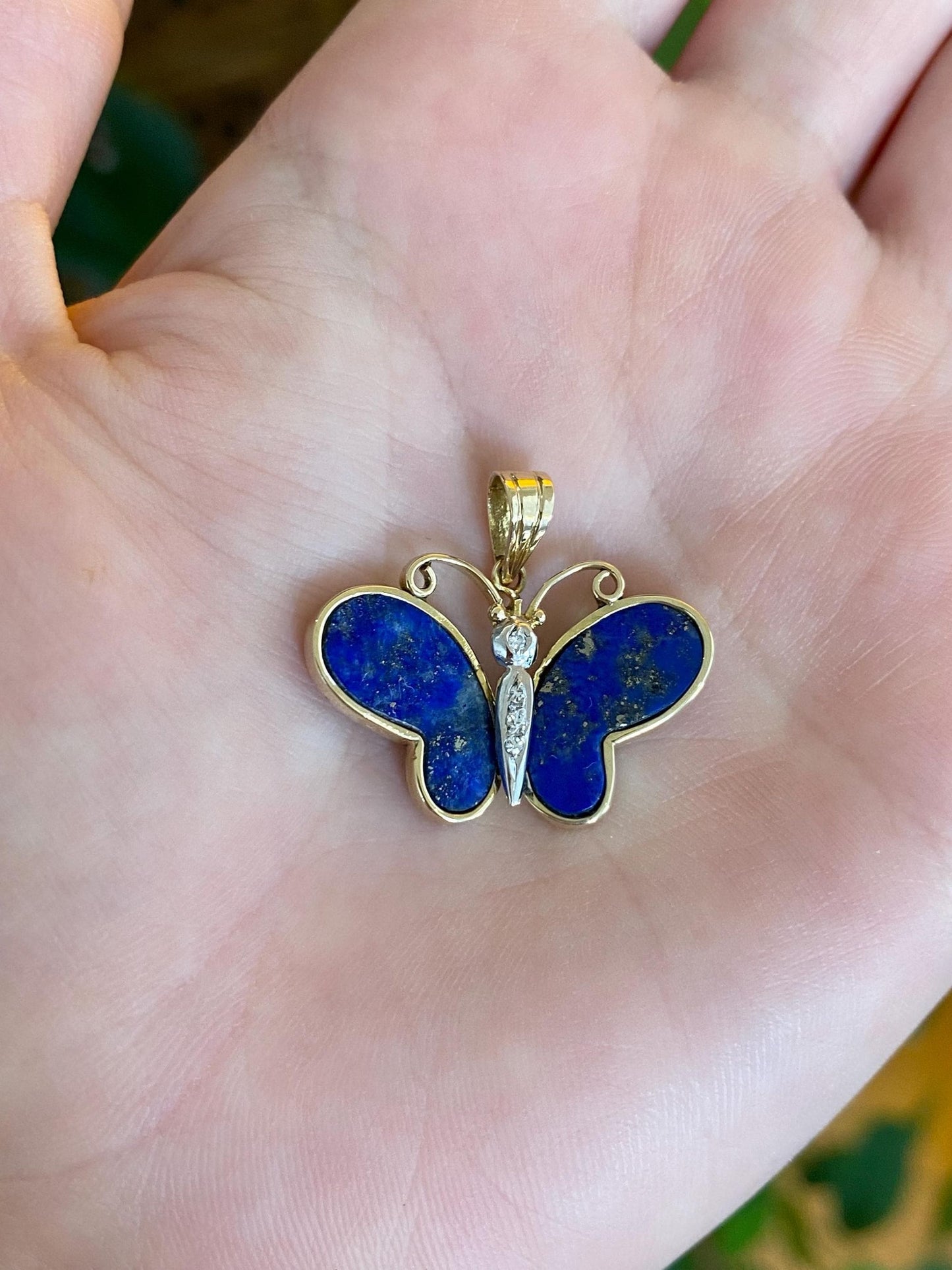 Vintage Solid 14k White & Yellow Gold Diamond Blue Lapis Butterfly Charm