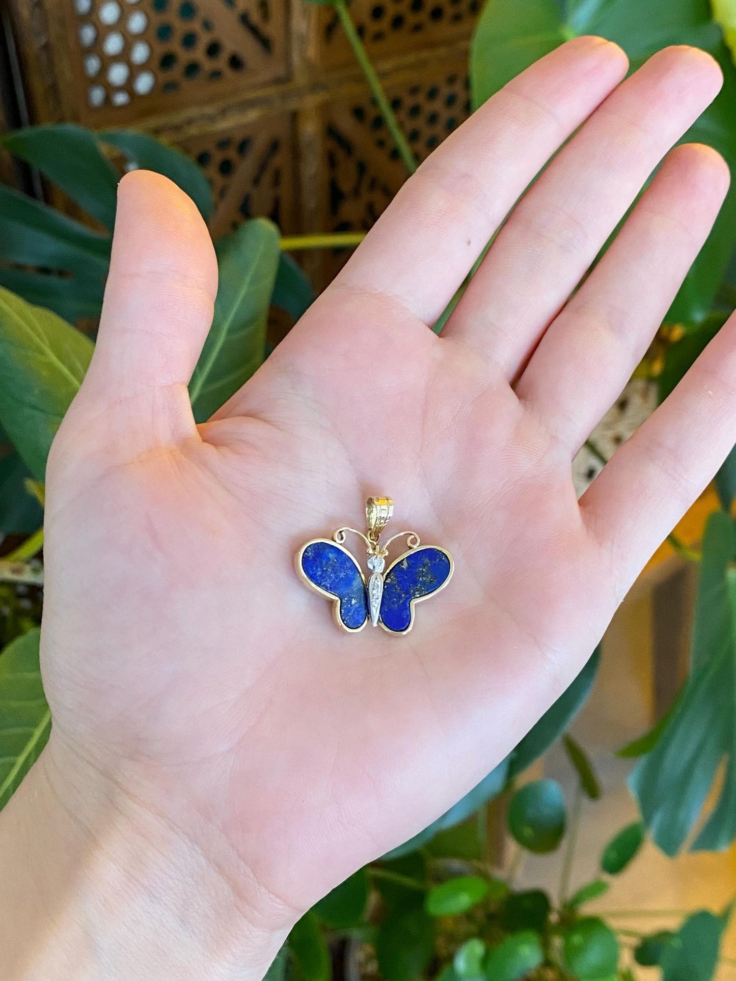 Vintage Solid 14k White & Yellow Gold Diamond Blue Lapis Butterfly Charm