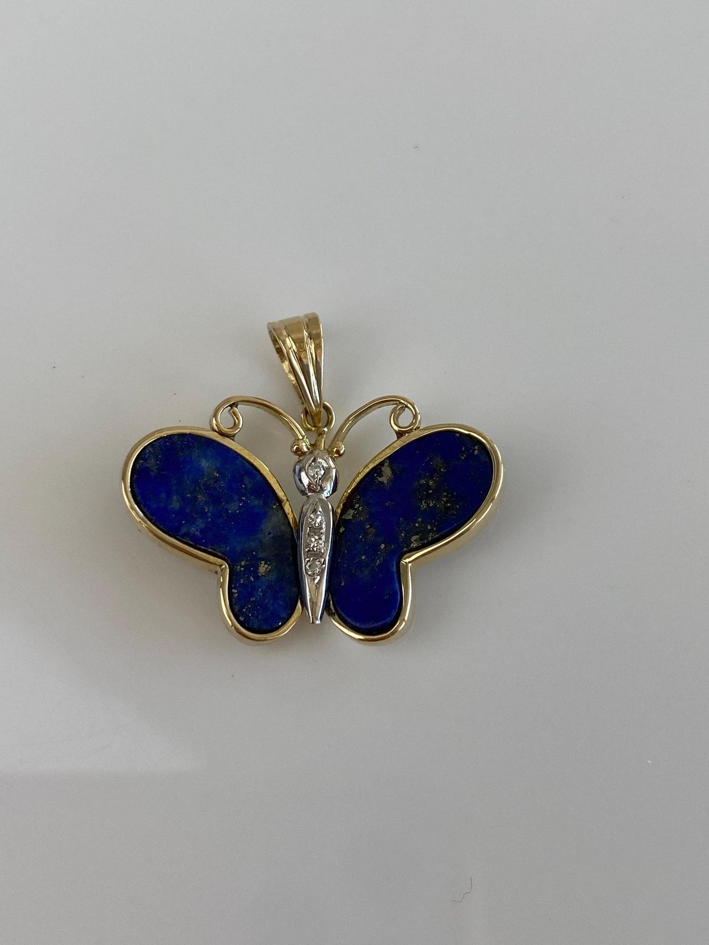 Vintage Solid 14k White & Yellow Gold Diamond Blue Lapis Butterfly Charm