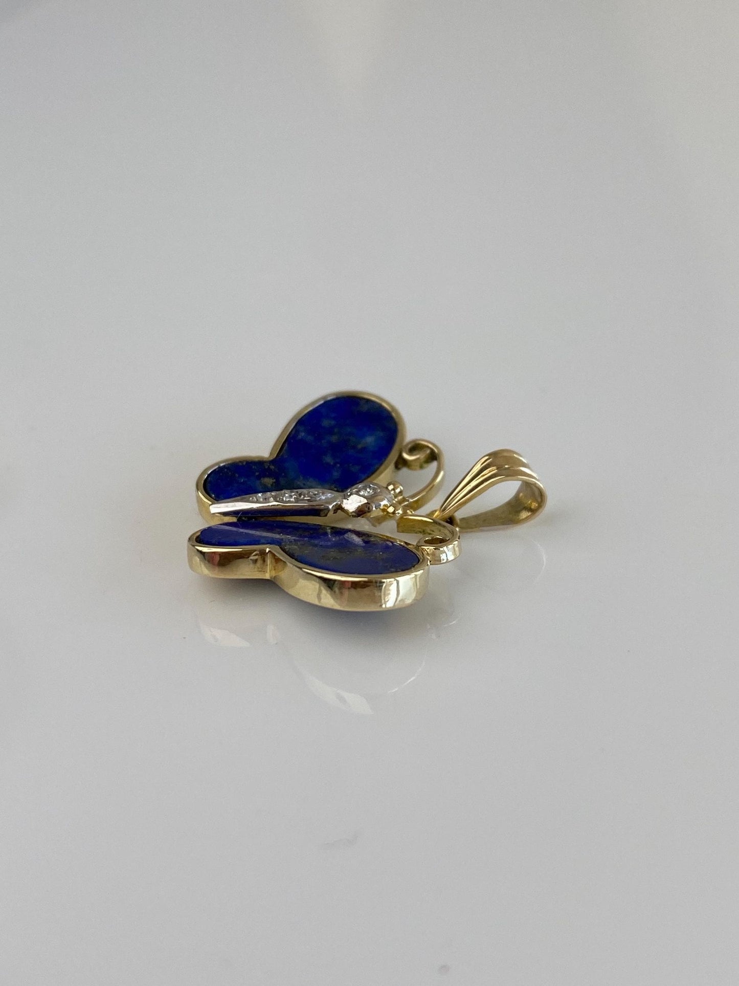 Vintage Solid 14k White & Yellow Gold Diamond Blue Lapis Butterfly Charm
