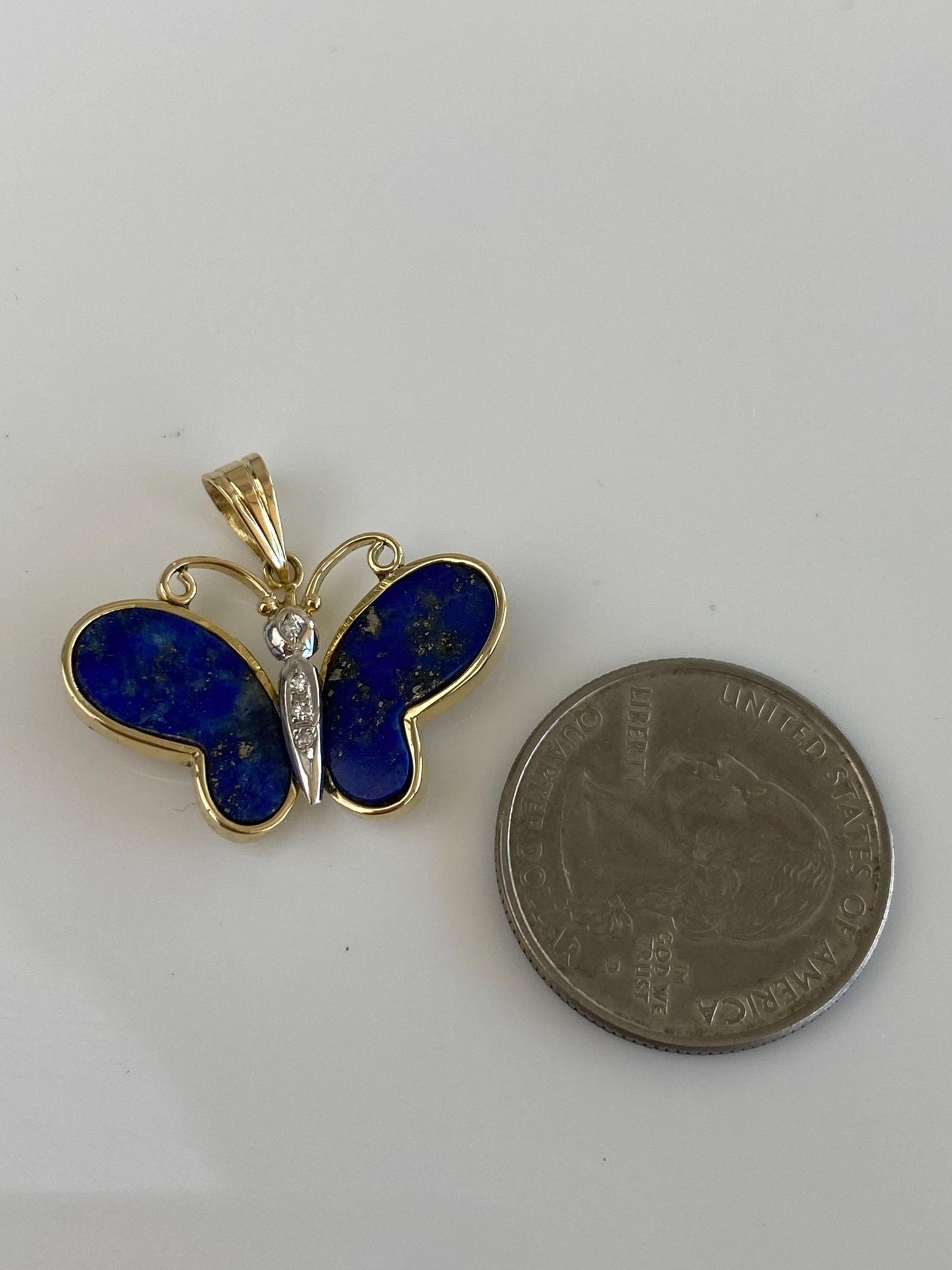 Vintage Solid 14k White & Yellow Gold Diamond Blue Lapis Butterfly Charm