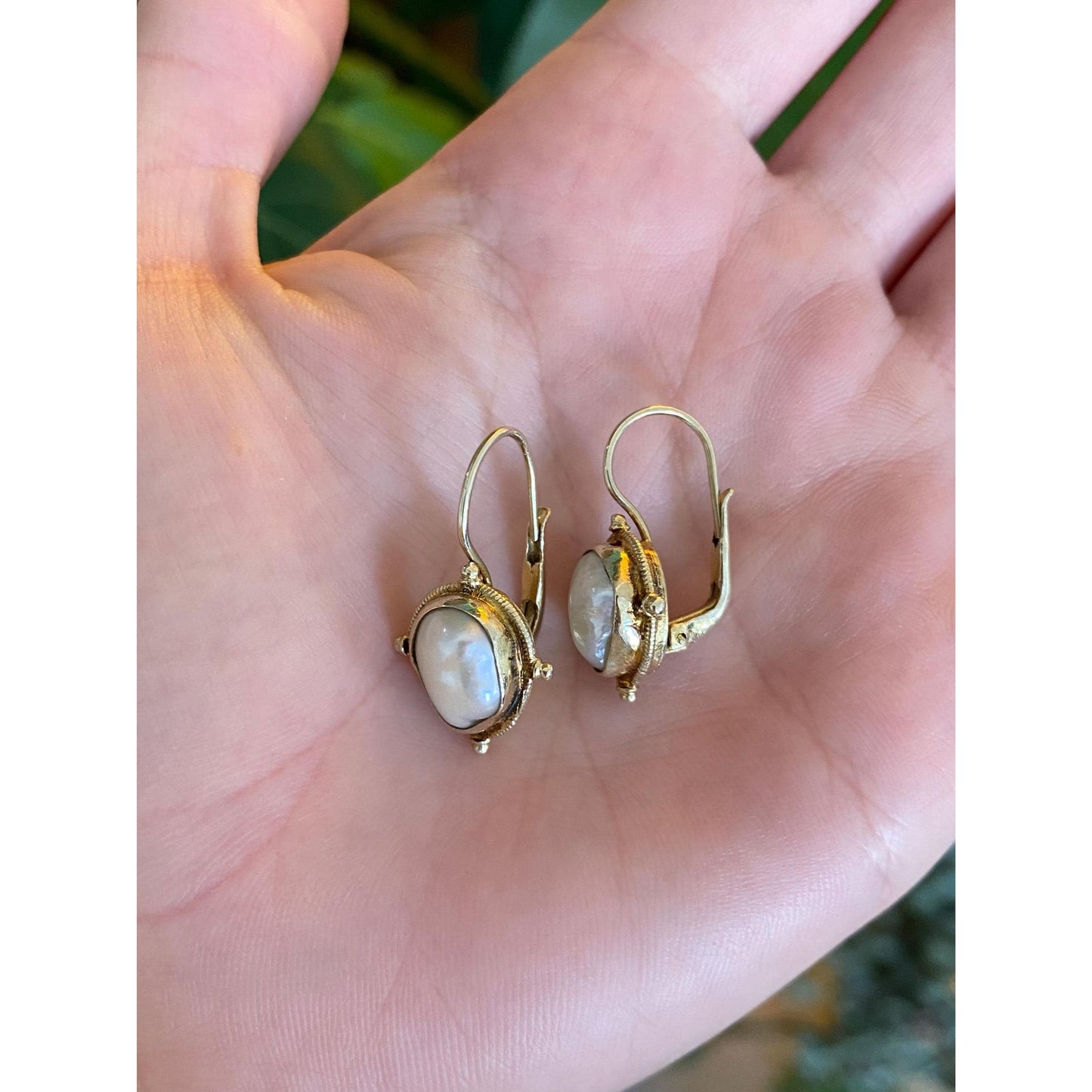 Vintage Solid 14k Yellow Gold Freeform Pearl Drop Earrings