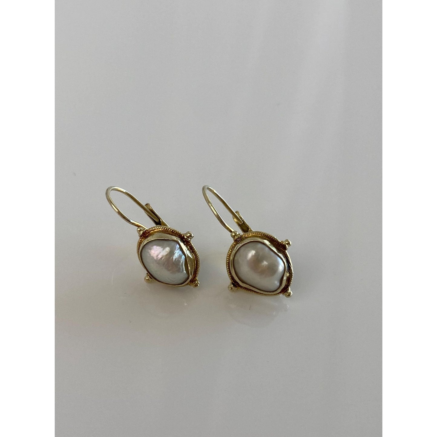 Vintage Solid 14k Yellow Gold Freeform Pearl Drop Earrings