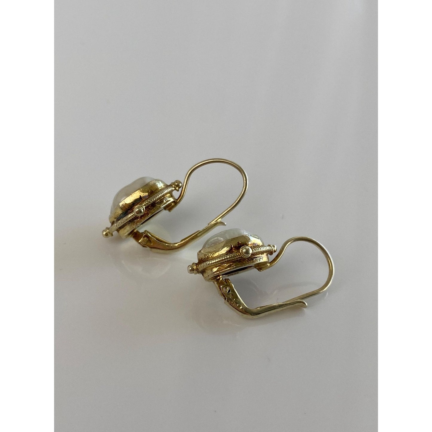 Vintage Solid 14k Yellow Gold Freeform Pearl Drop Earrings