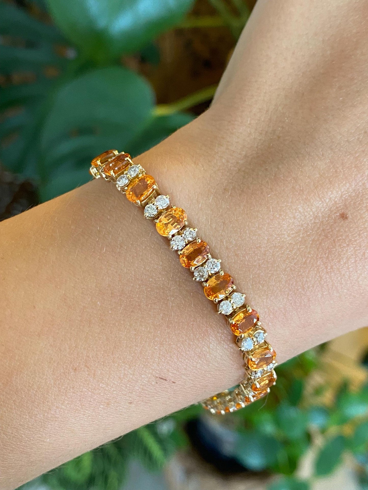 Vintage Solid 14k Yellow Gold Diamond Citrine Link Bracelet - 7.25 Inches