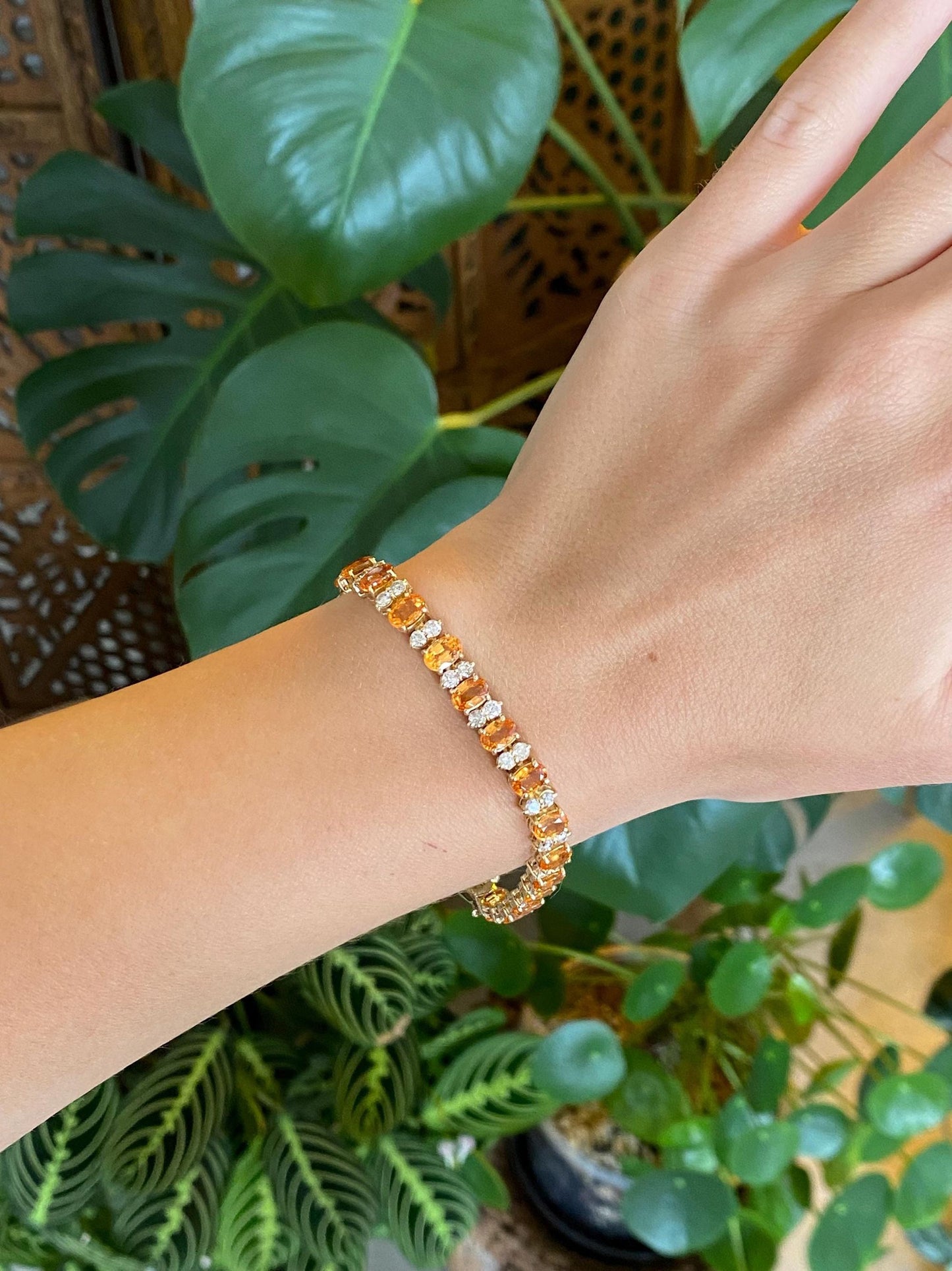 Vintage Solid 14k Yellow Gold Diamond Citrine Link Bracelet - 7.25 Inches