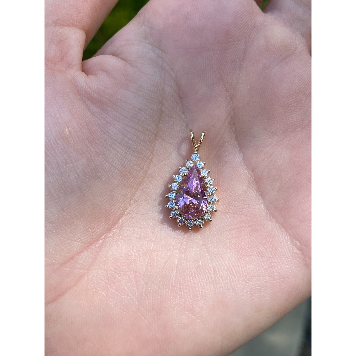 Vintage Solid 14k Yellow Gold Pink & Clear Cubic Zirconia Halo Charm