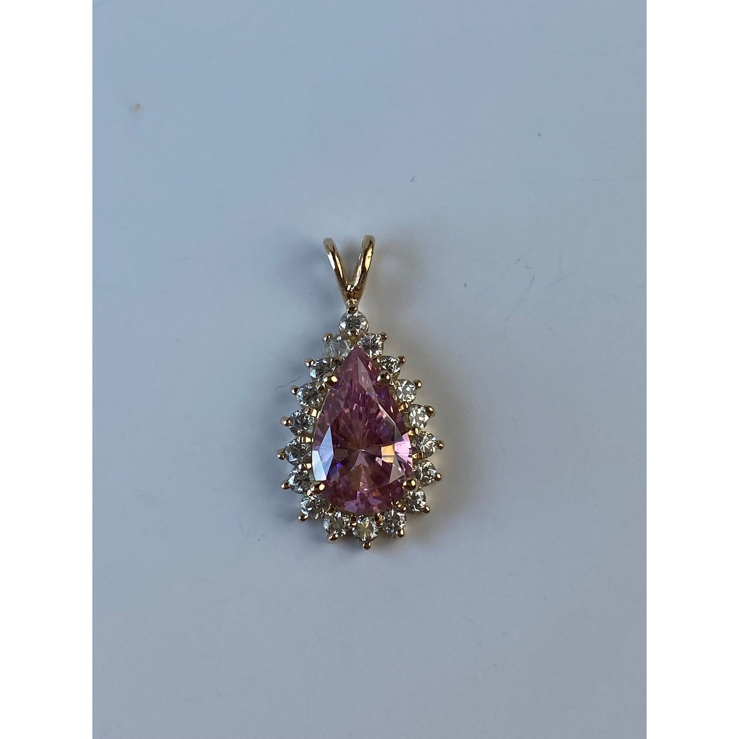 Vintage Solid 14k Yellow Gold Pink & Clear Cubic Zirconia Halo Charm