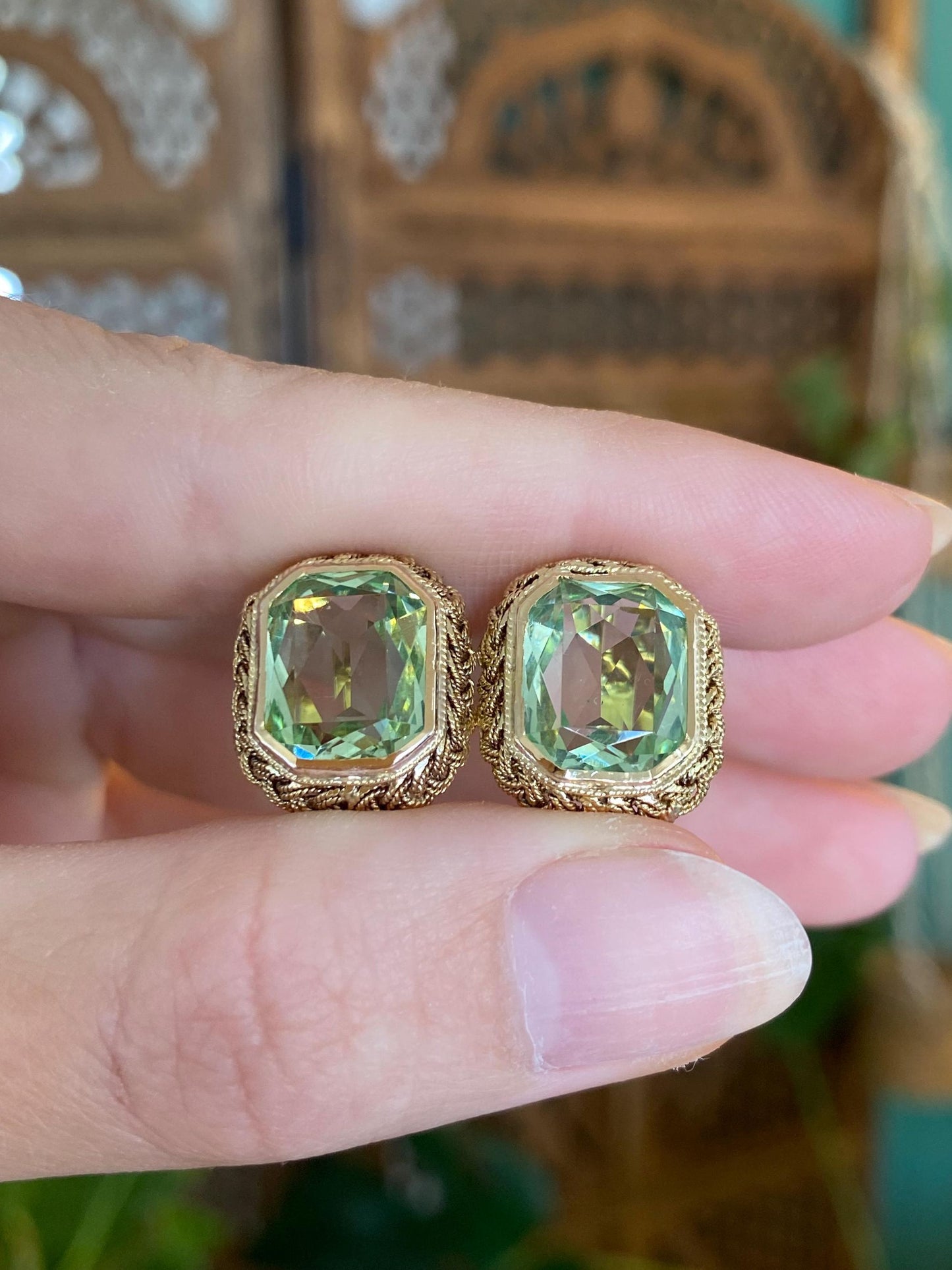 Solid 14k Yellow Gold Green Feldspar Braided Border Drop Earrings