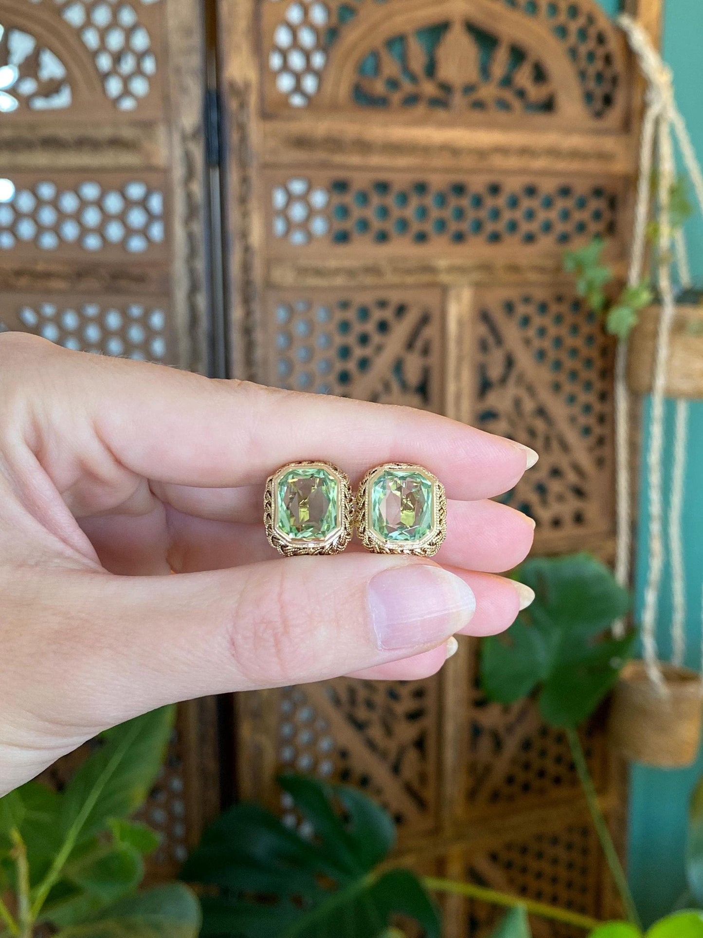 Solid 14k Yellow Gold Green Feldspar Braided Border Drop Earrings