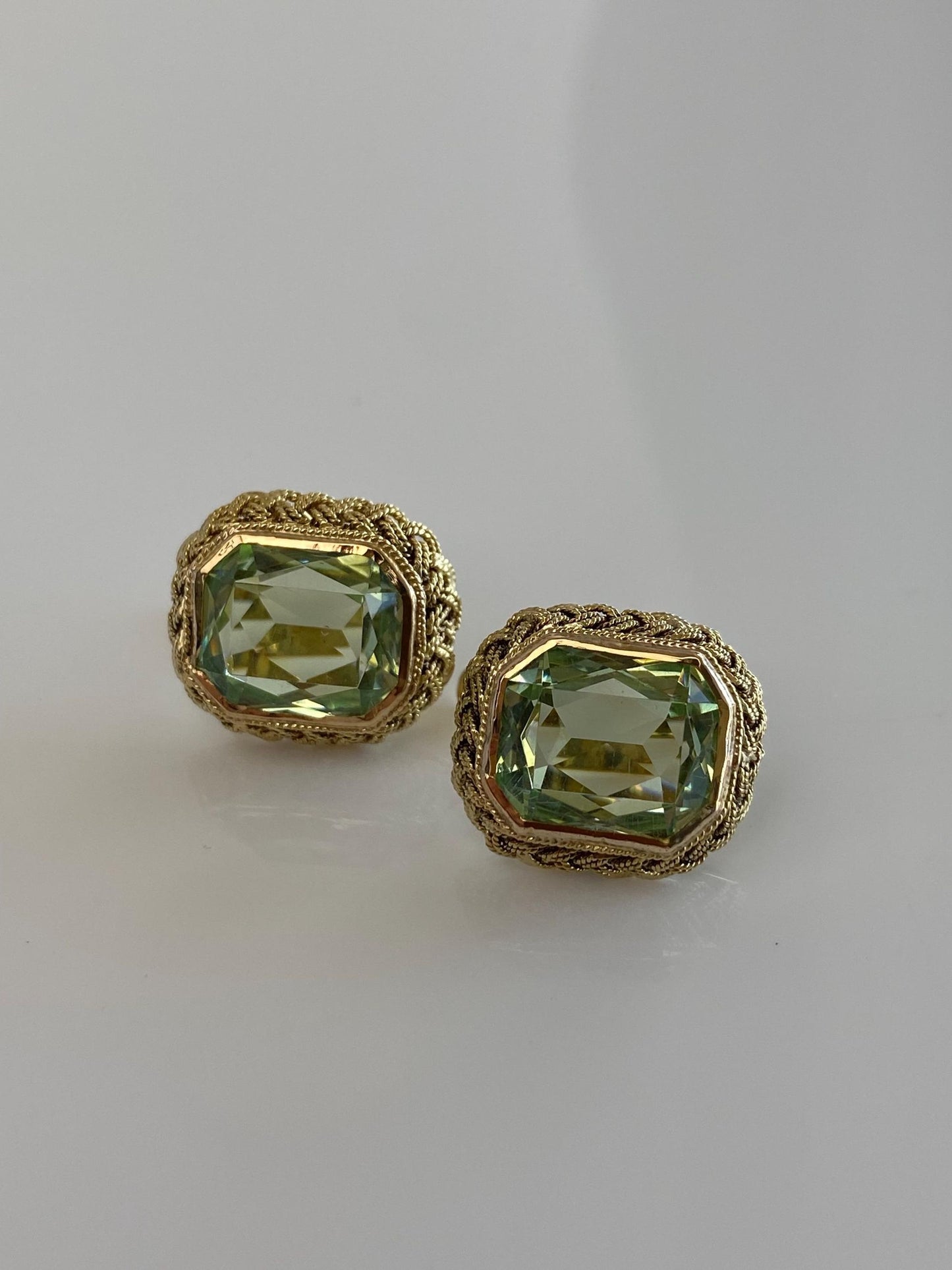 Solid 14k Yellow Gold Green Feldspar Braided Border Drop Earrings