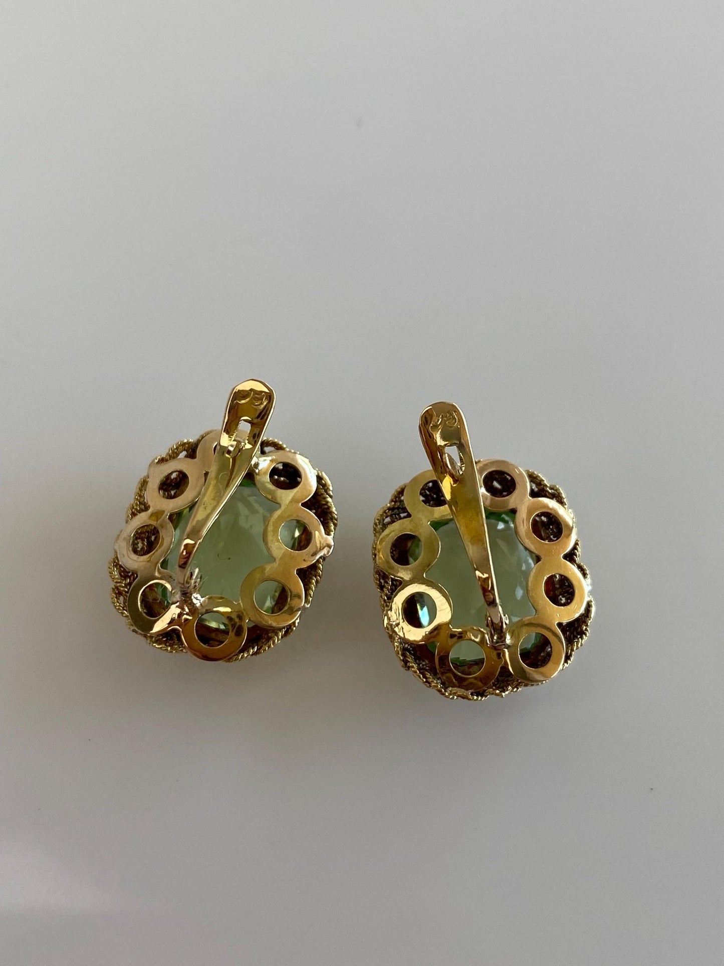 Solid 14k Yellow Gold Green Feldspar Braided Border Drop Earrings