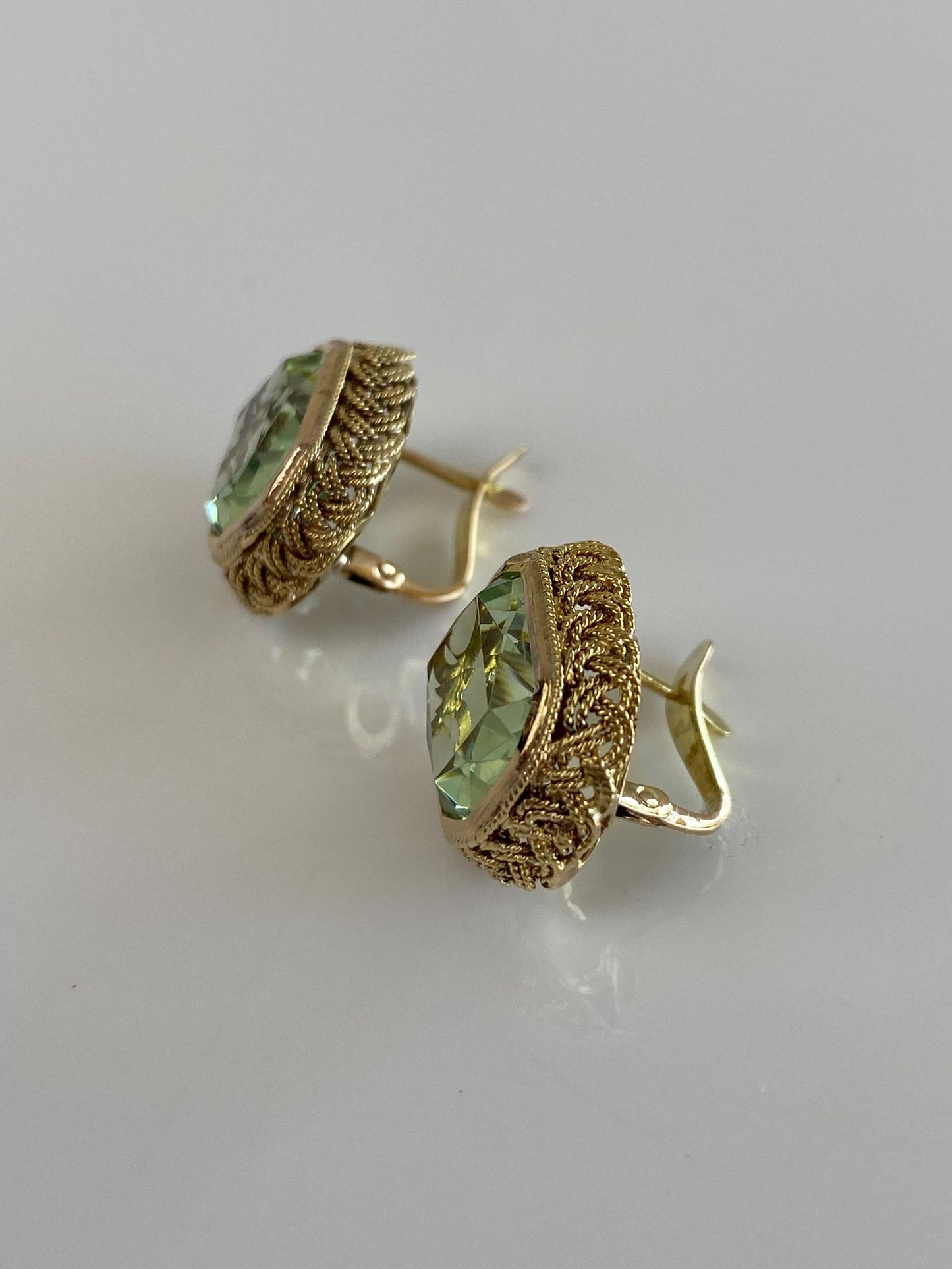 Solid 14k Yellow Gold Green Feldspar Braided Border Drop Earrings