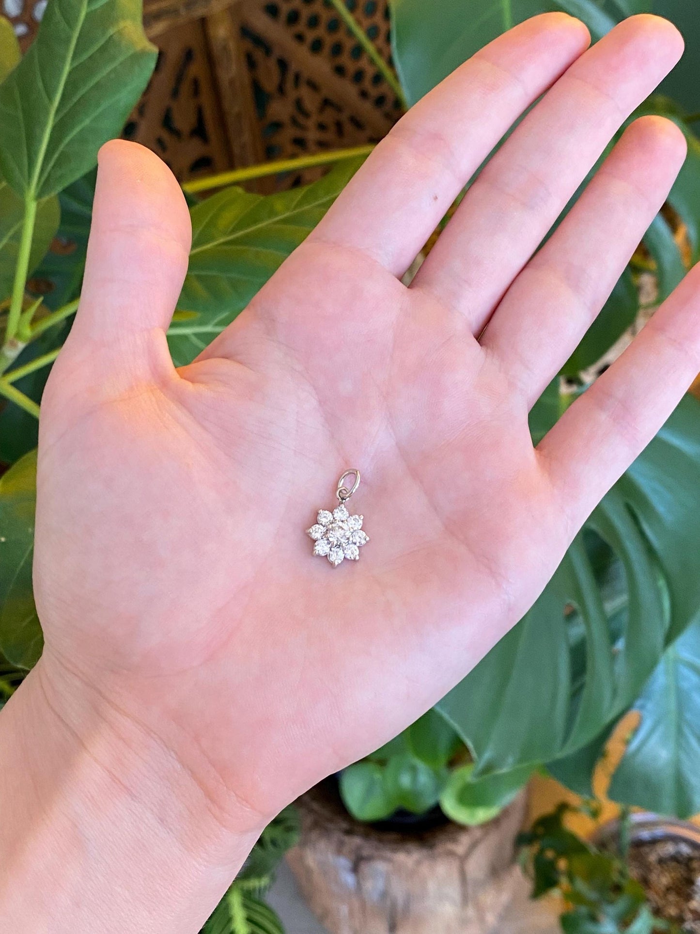 Vintage Solid 14k White Gold Diamond Flower Charm