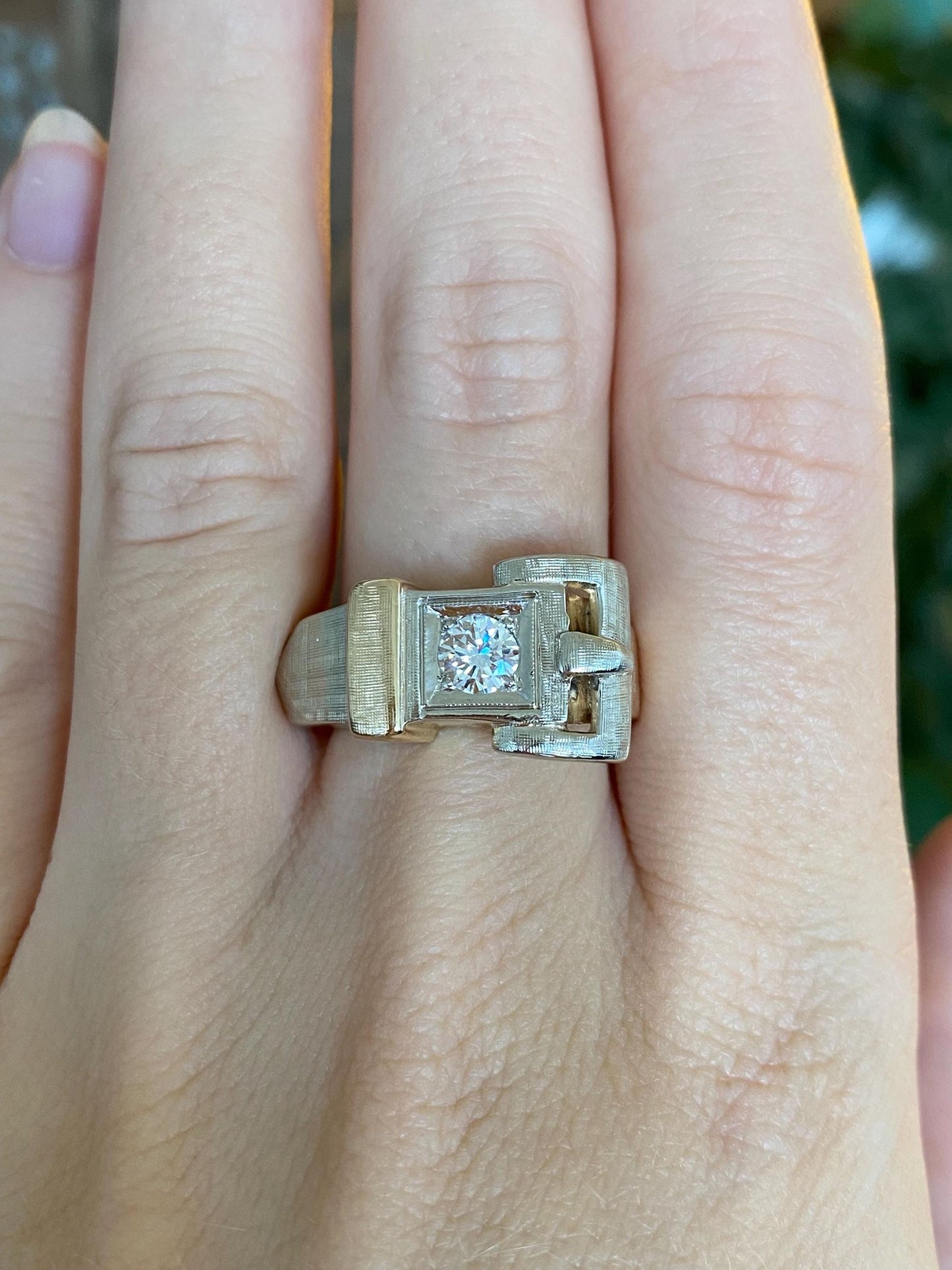 Vintage Solid 14k White & Yellow Gold Diamond Satin Belt Buckle Ring Band - Size 8.75