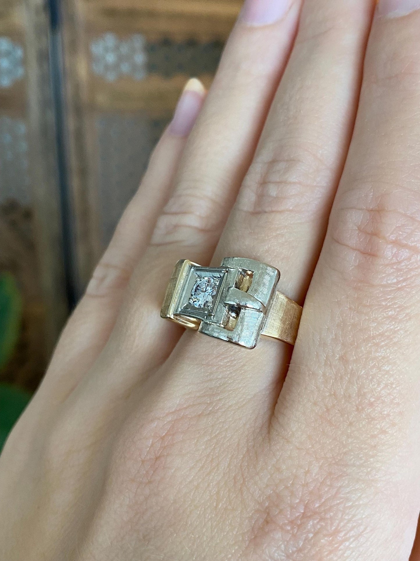 Vintage Solid 14k White & Yellow Gold Diamond Satin Belt Buckle Ring Band - Size 8.75