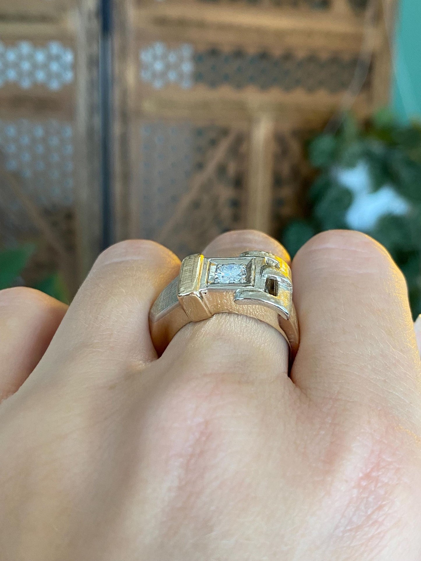 Vintage Solid 14k White & Yellow Gold Diamond Satin Belt Buckle Ring Band - Size 8.75