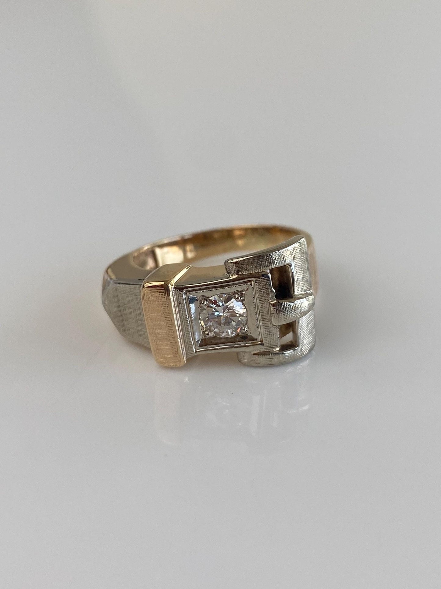 Vintage Solid 14k White & Yellow Gold Diamond Satin Belt Buckle Ring Band - Size 8.75