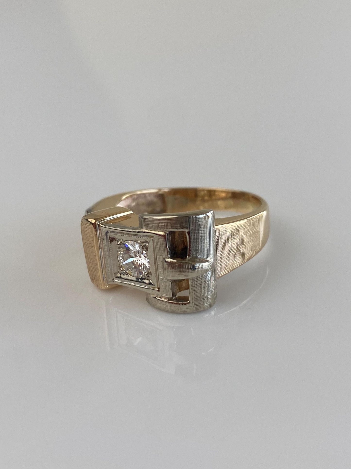 Vintage Solid 14k White & Yellow Gold Diamond Satin Belt Buckle Ring Band - Size 8.75