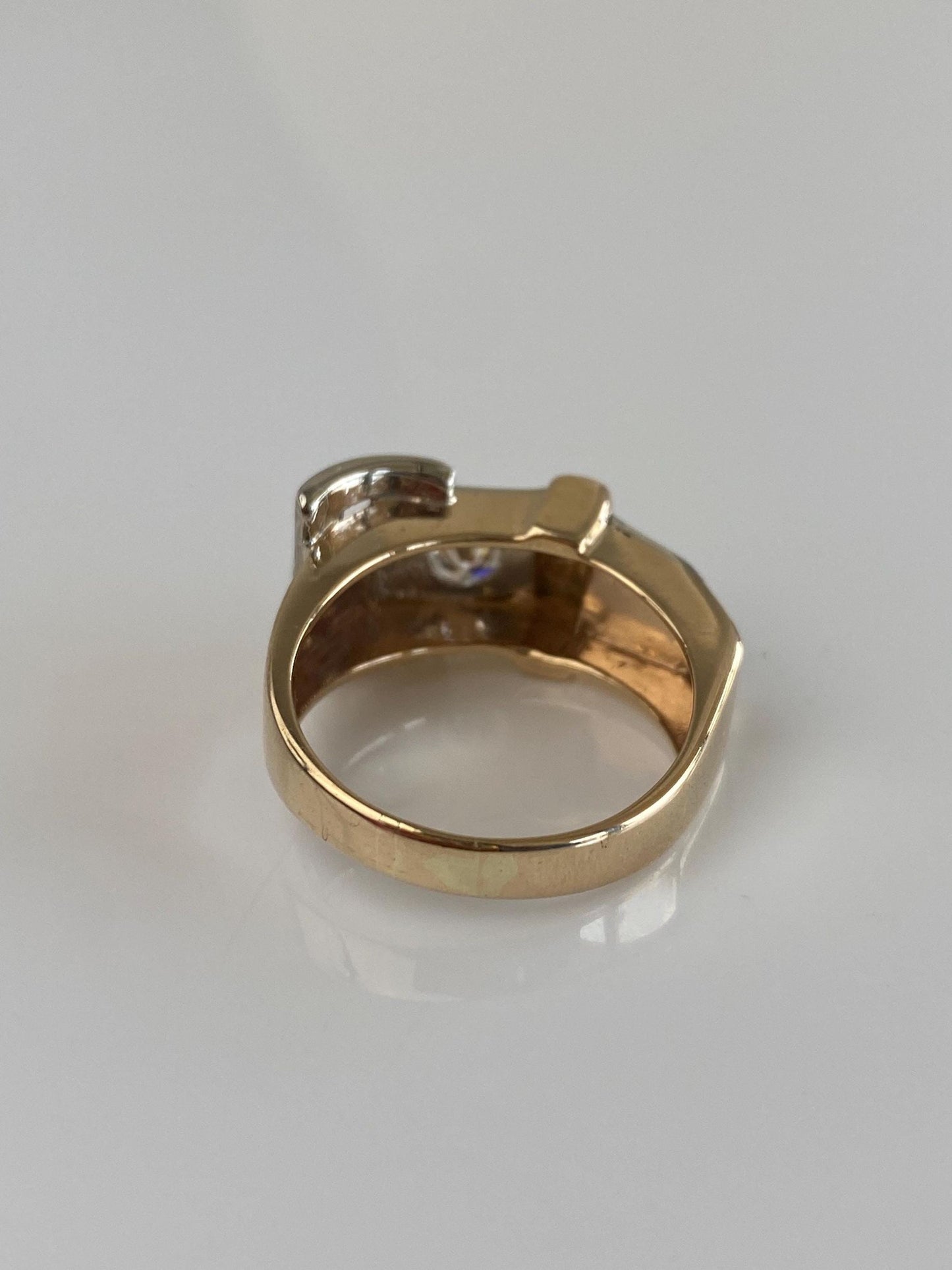 Vintage Solid 14k White & Yellow Gold Diamond Satin Belt Buckle Ring Band - Size 8.75