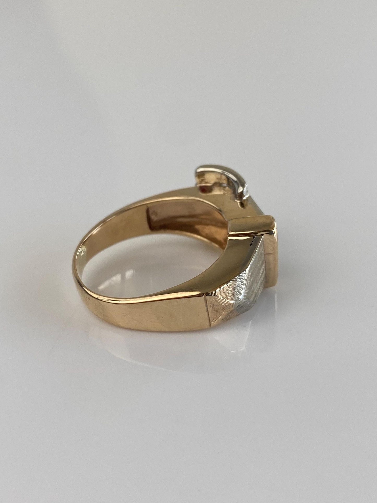 Vintage Solid 14k White & Yellow Gold Diamond Satin Belt Buckle Ring Band - Size 8.75