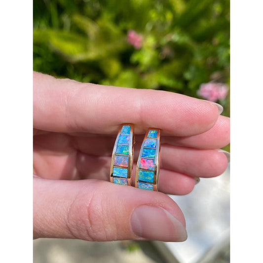 Vintage Solid 14k Yellow Gold Opal Inlay Drop Earrings