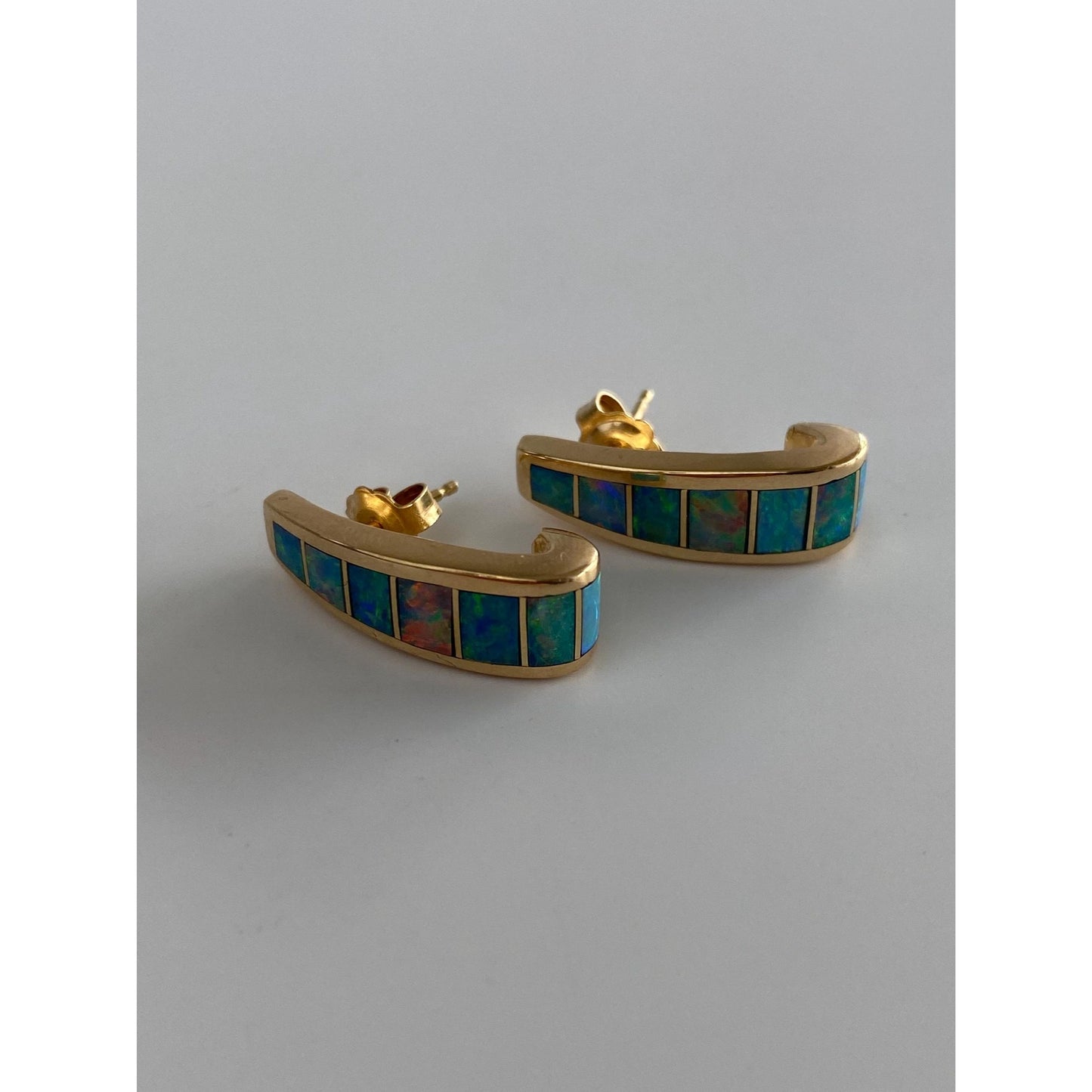Vintage Solid 14k Yellow Gold Opal Inlay Drop Earrings
