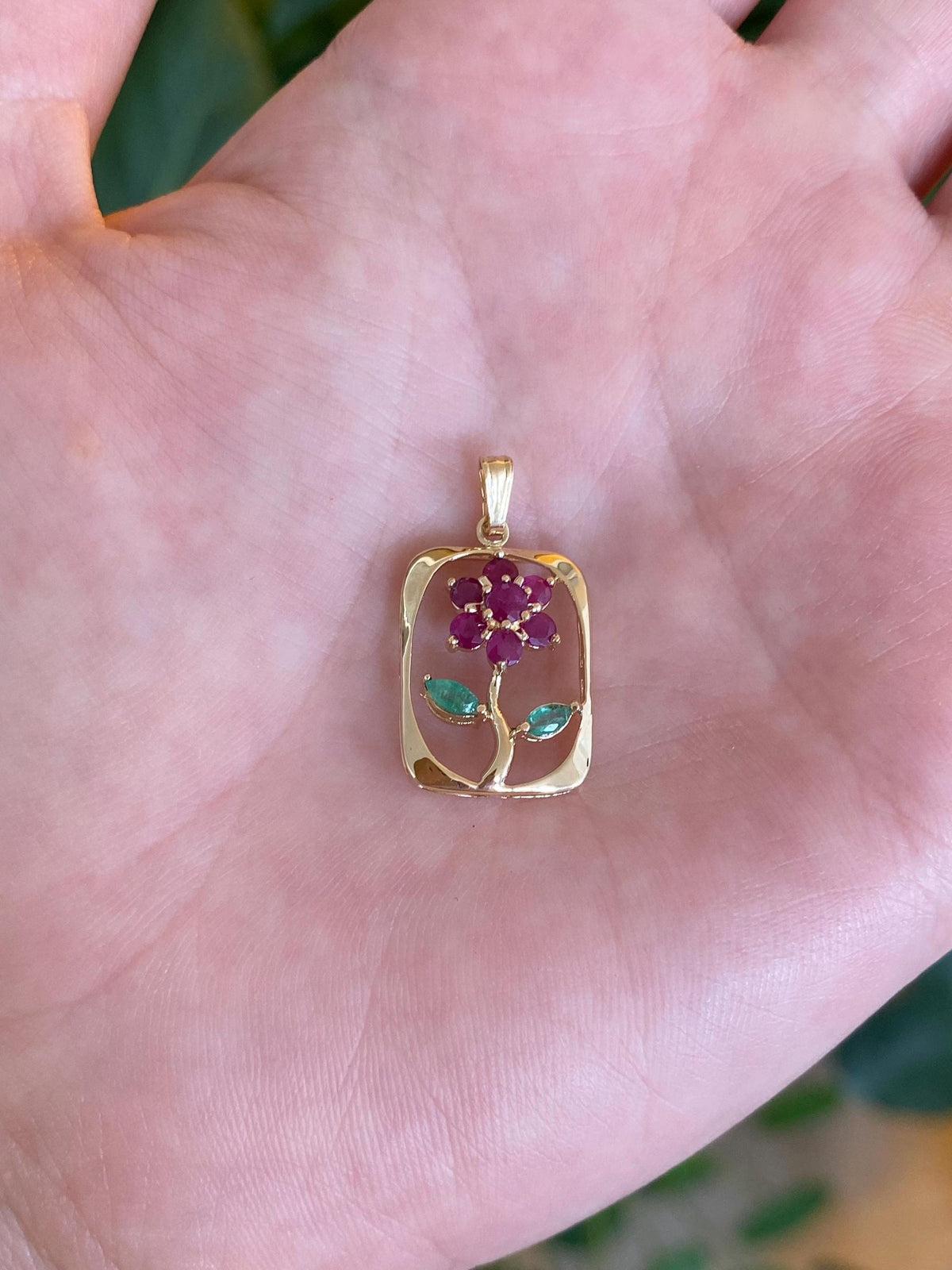 Solid 14k Yellow Gold Ruby Emerald Flower Charm