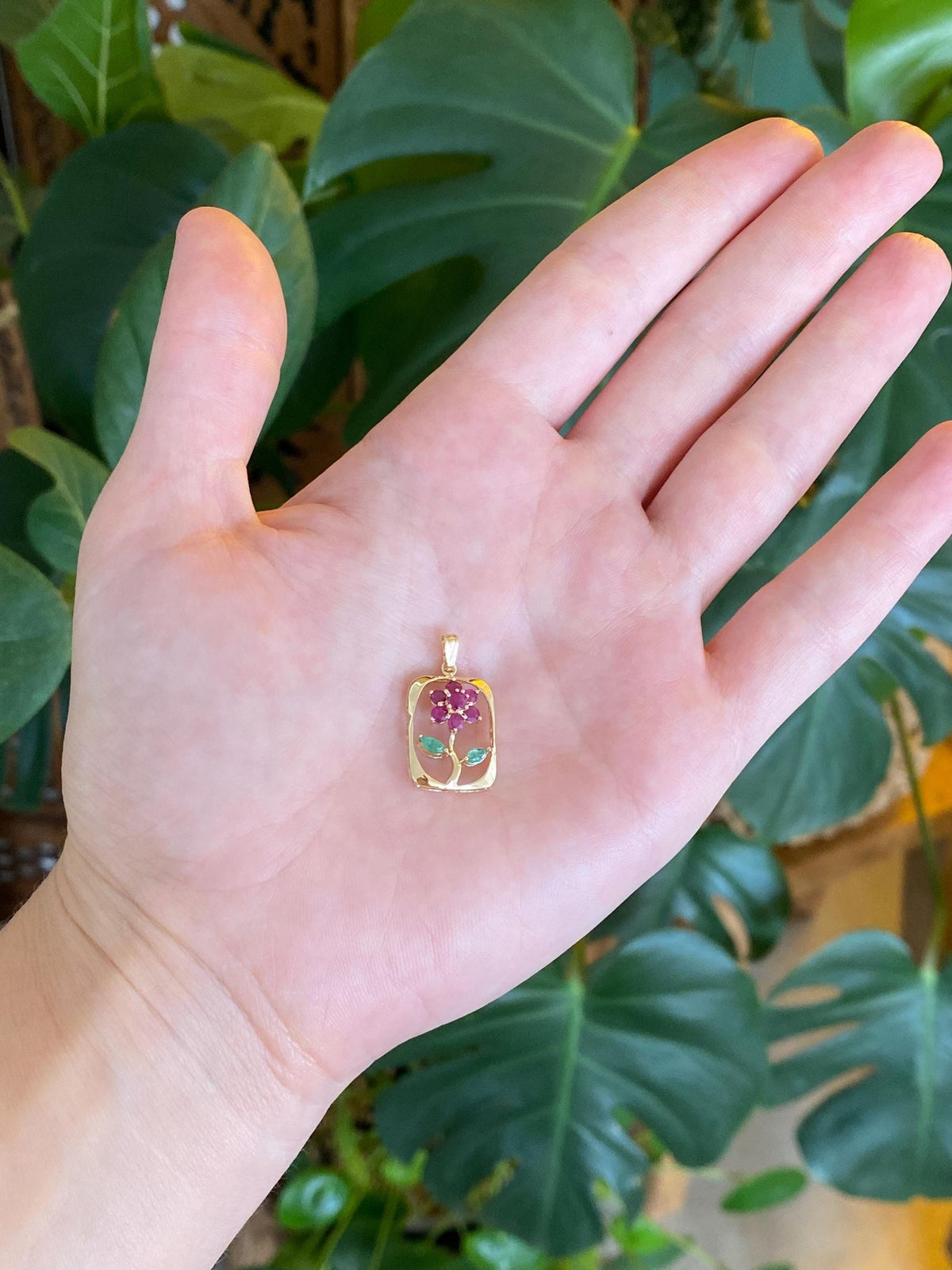 Solid 14k Yellow Gold Ruby Emerald Flower Charm