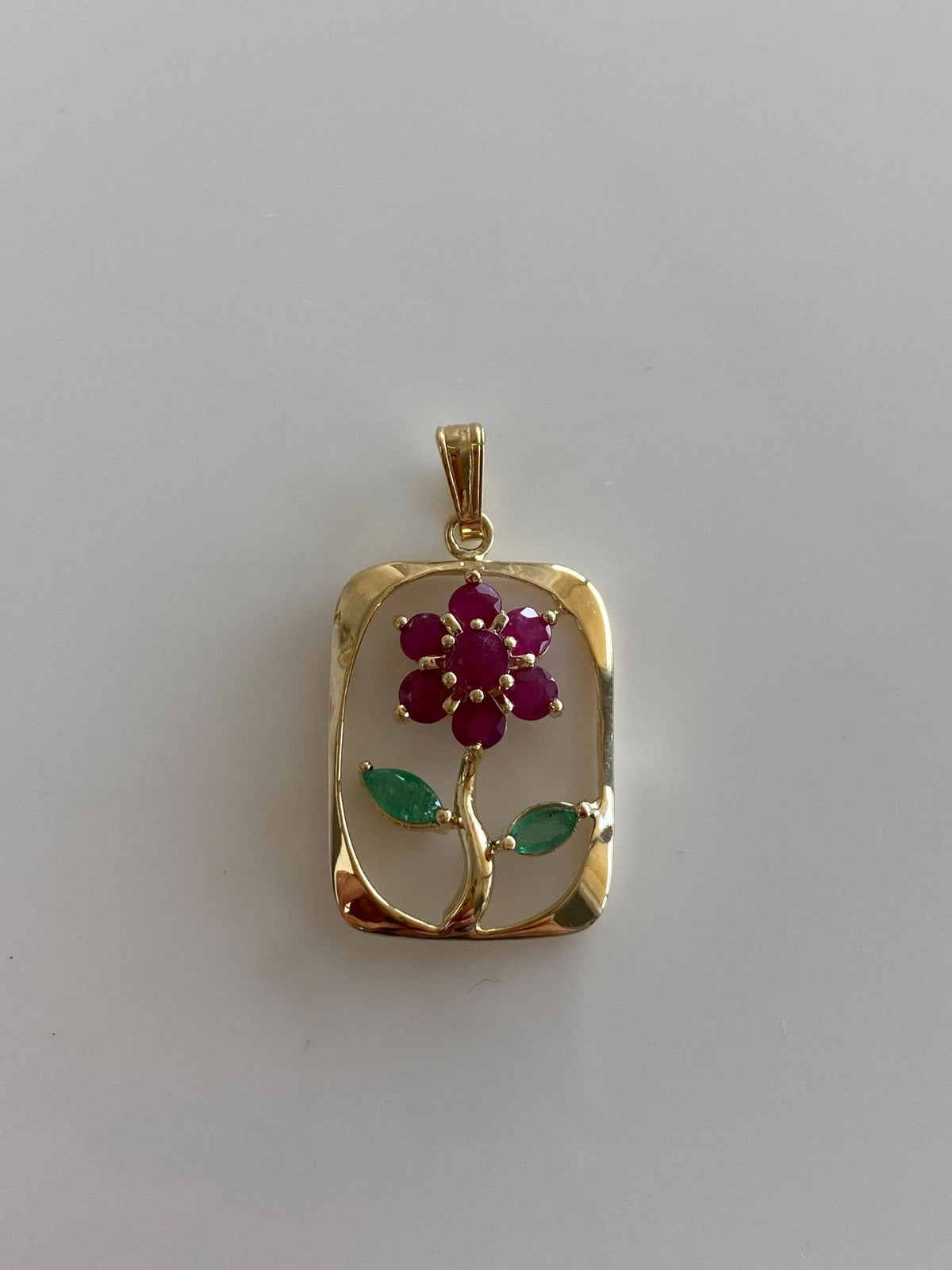 Solid 14k Yellow Gold Ruby Emerald Flower Charm