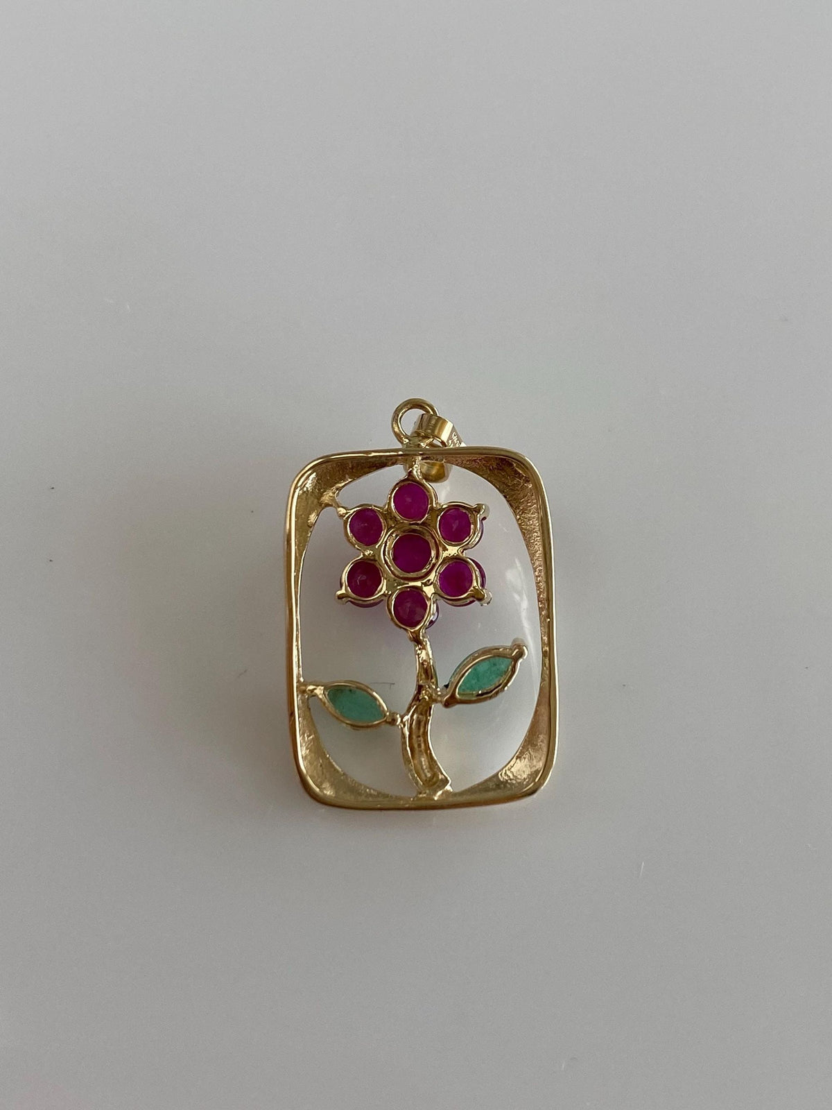 Solid 14k Yellow Gold Ruby Emerald Flower Charm