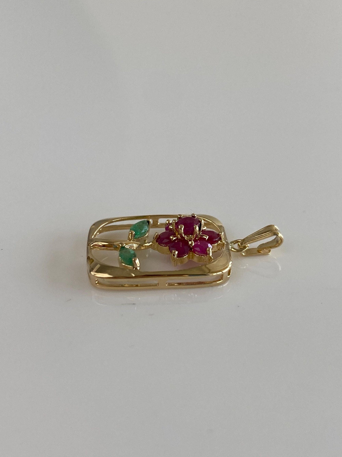 Solid 14k Yellow Gold Ruby Emerald Flower Charm