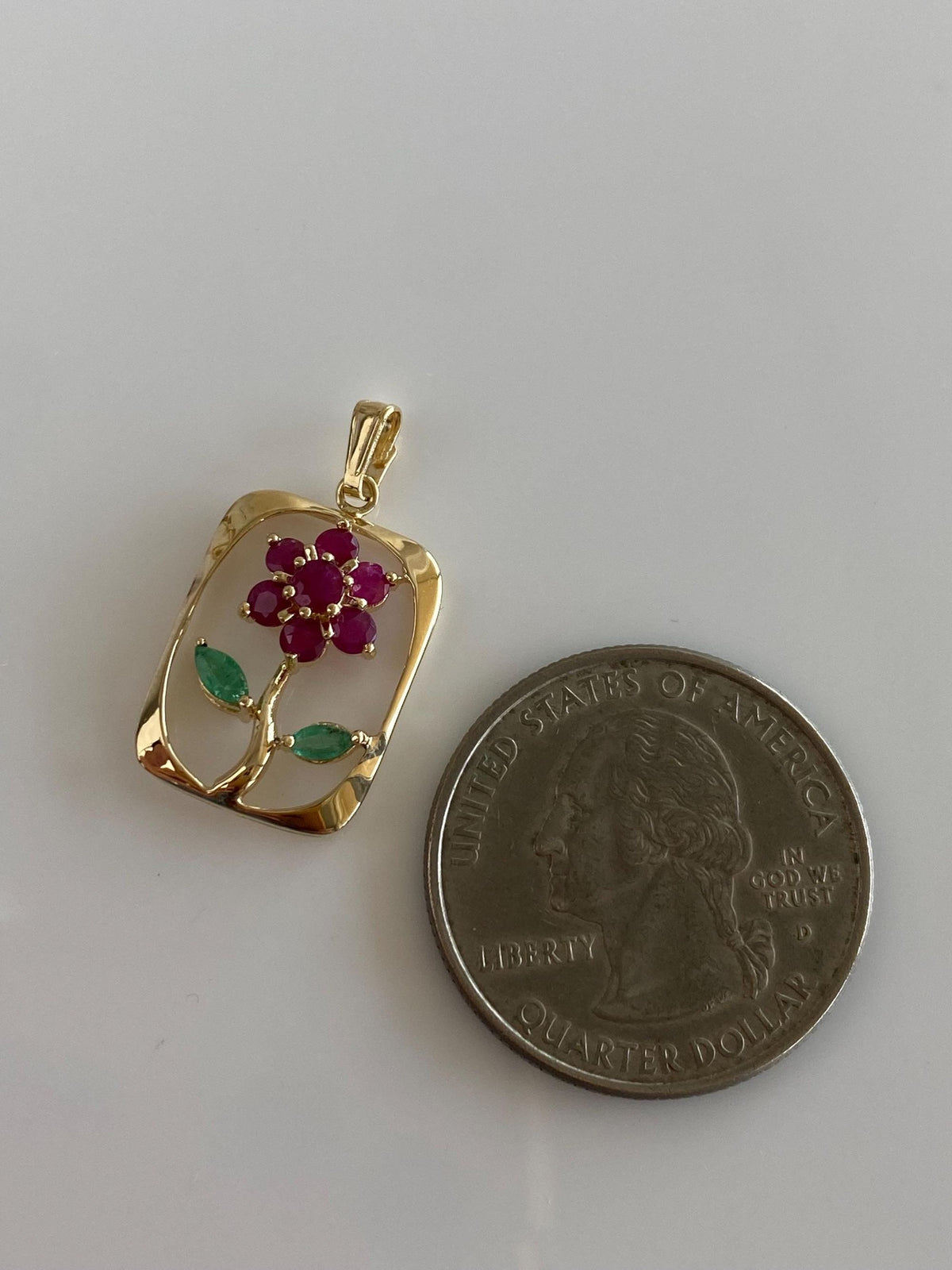 Solid 14k Yellow Gold Ruby Emerald Flower Charm